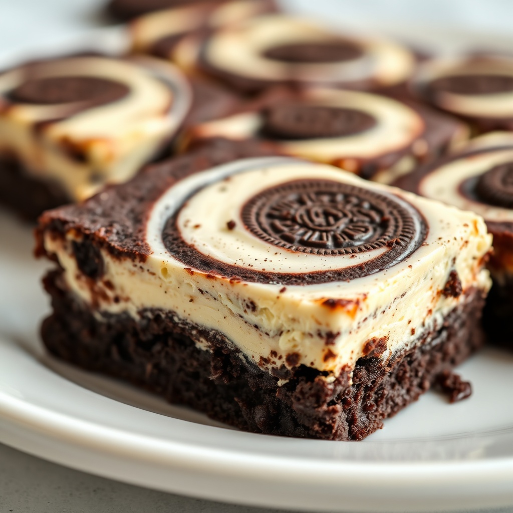 Oreo brownies with cream cheese swirl plated on a white dish