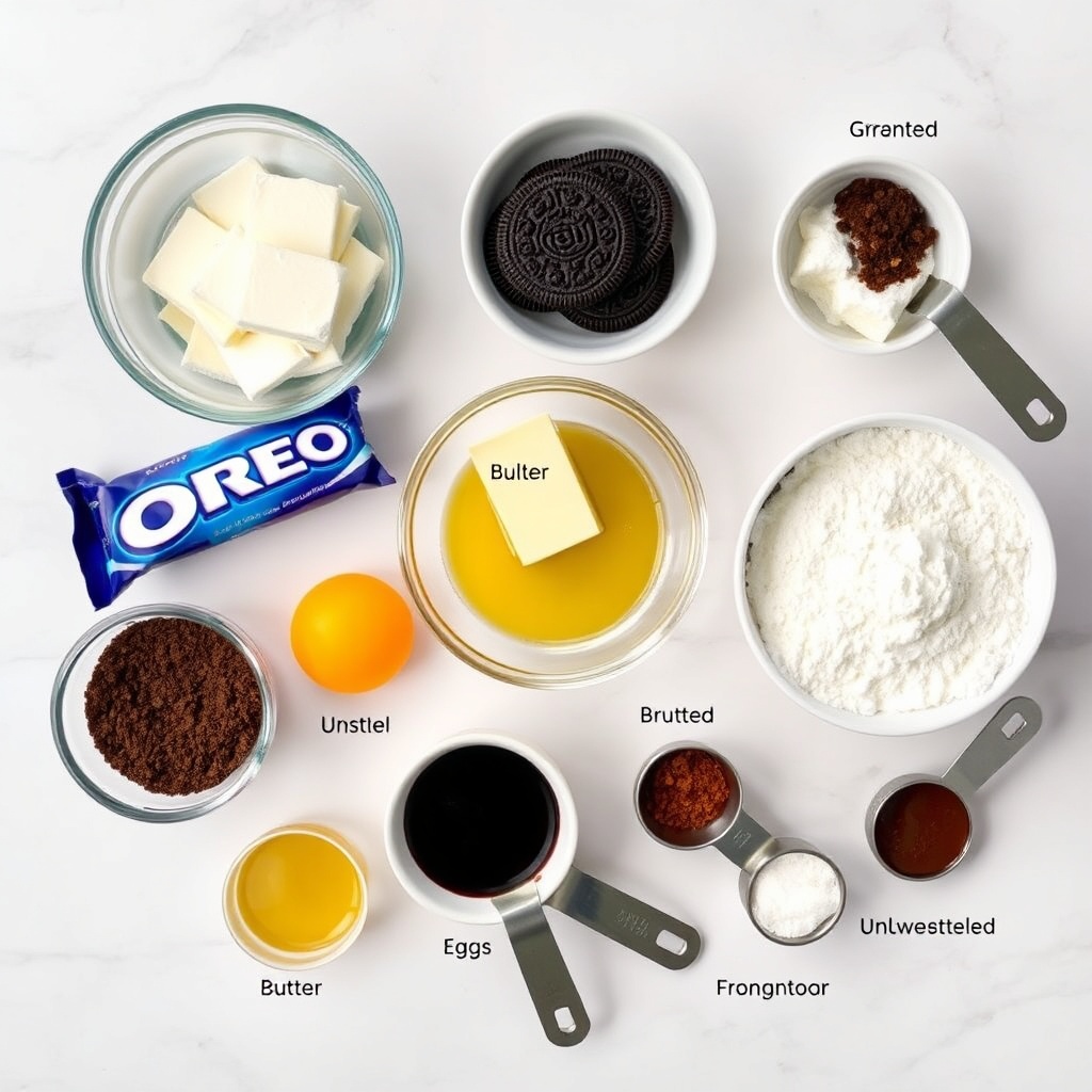 Oreo cookies, unsalted butter, sugar, eggs, cocoa powder, flour, cream cheese, vanilla extract, and salt arranged on a white marble surface
