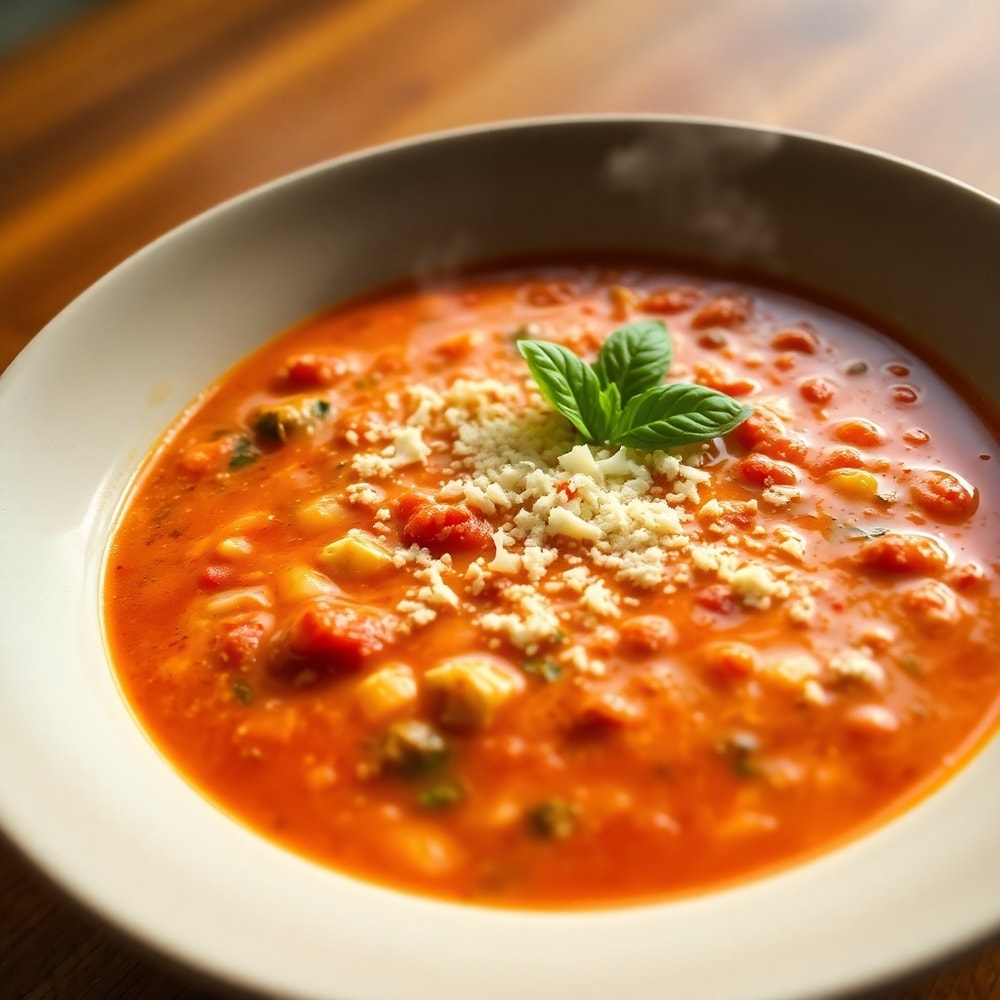 Bubbling vegetarian lasagna soup served in a bowl