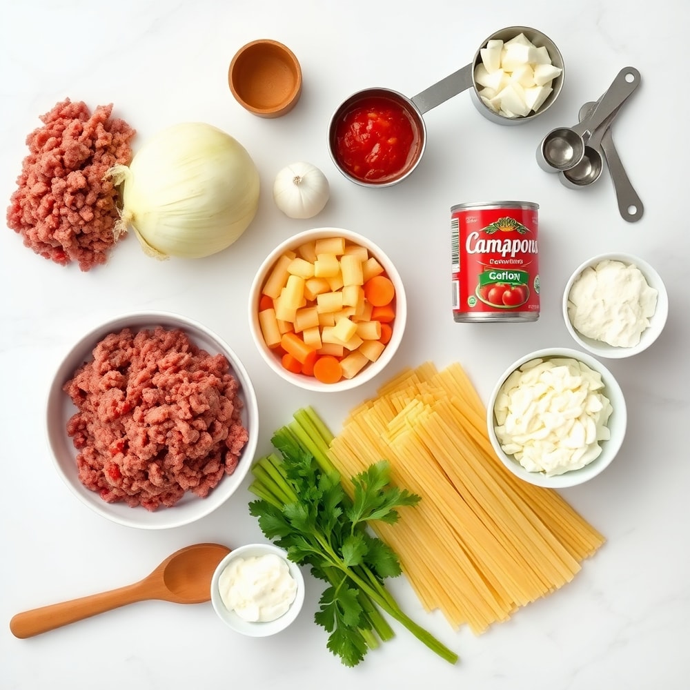 Raw ingredients for vegetarian lasagna soup arranged in a flat lay