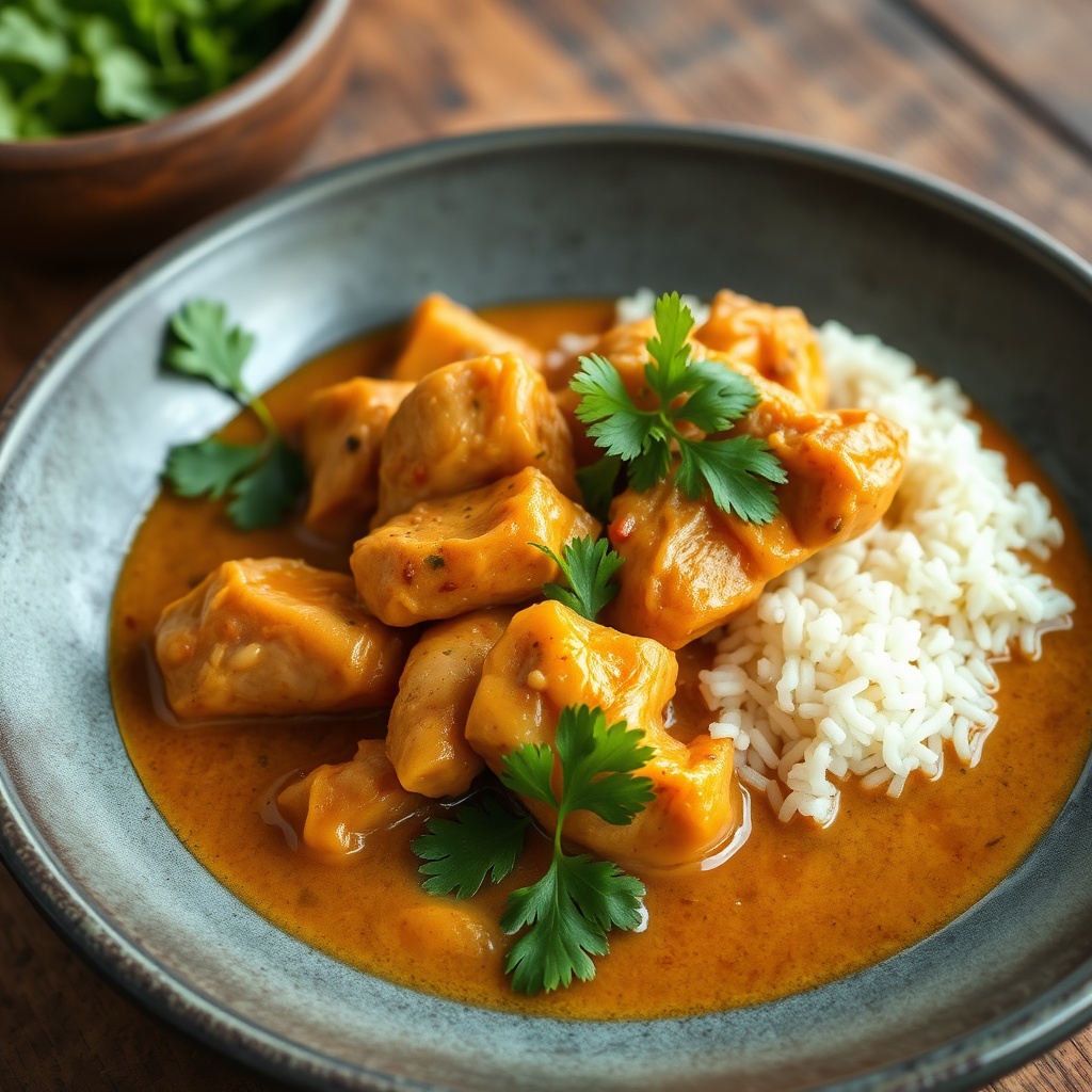 Plated Vietnamese Chicken Curry with fresh cilantro and crispy garlic on a rustic plate