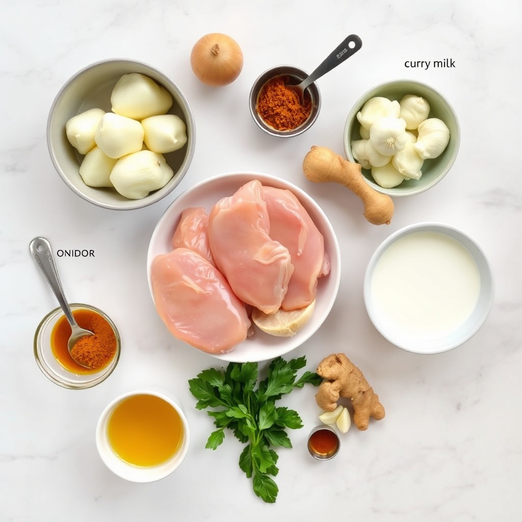 Raw ingredients for Vietnamese Chicken Curry including chicken, potatoes, and aromatic spices